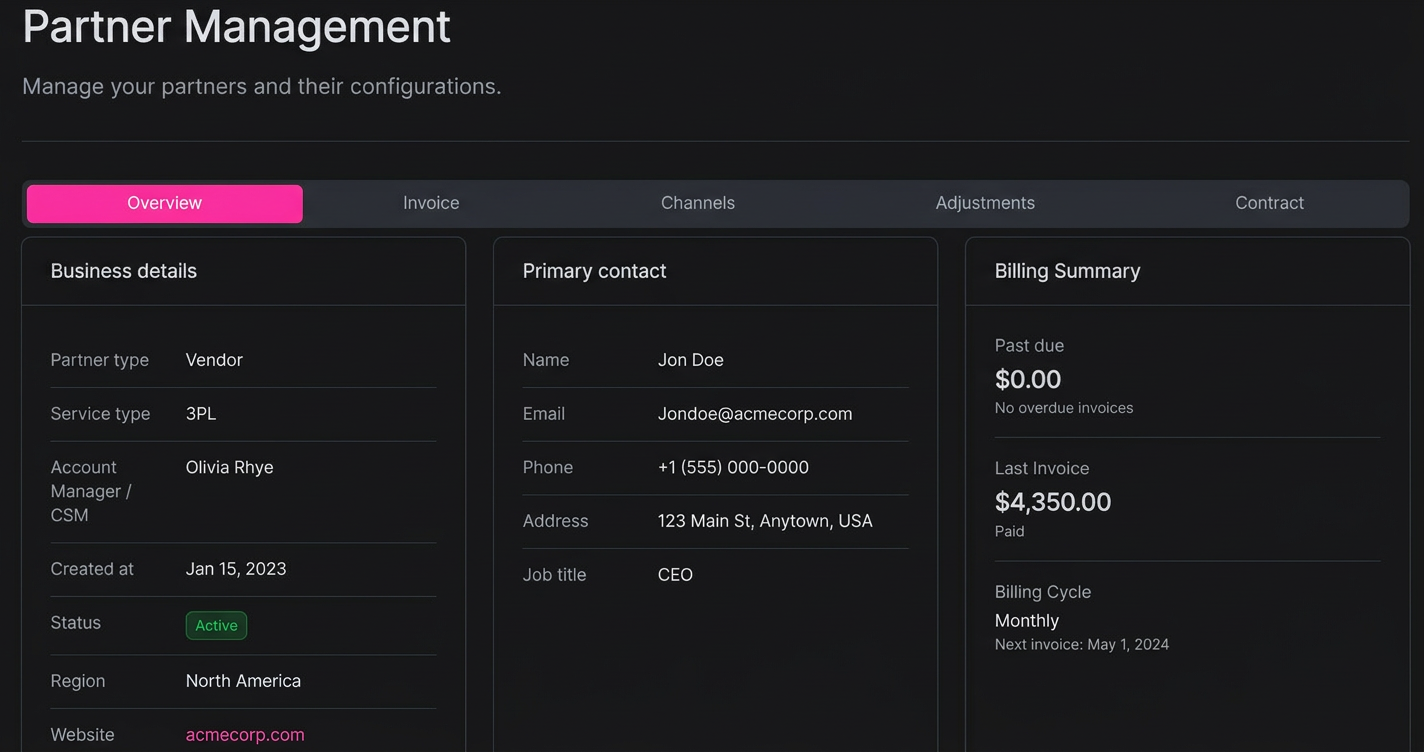 1Commerce 3PL Partner Management Dashboard